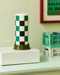 Vela gruesa Column Candle medium 20 cm, Off white-green-black check
